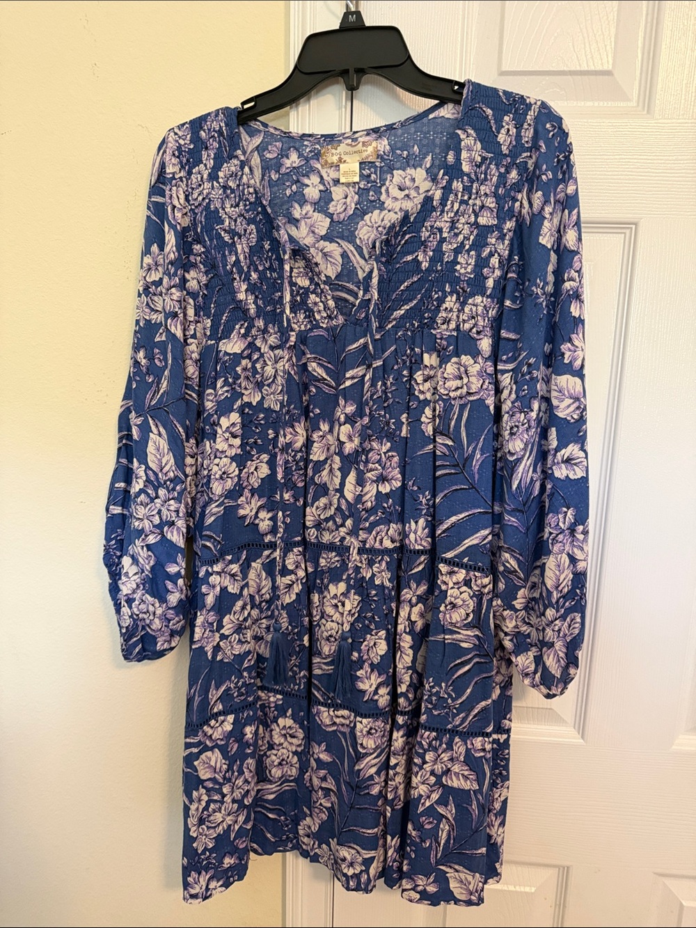 Blue Floral Long-Sleeve Smocked Yoke Tunic Dress